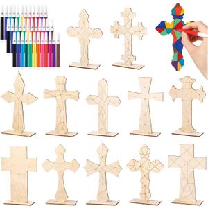 Bucherry 15 Pack Color Your Own Cross Kit Wood Christian Religious DIY Coloring Craft Kit Table Centerpiece with Watercolor Pen for Sunday School Classroom Church Art Project