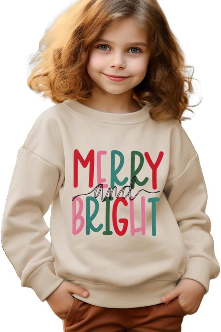 Merry and Bright Sweatshirt Kid Boy Girl Christmas Letter Print Pullover Crewneck Long Sleeve Shirt Tops 6-11 Years (8-9 Years, Apricot)