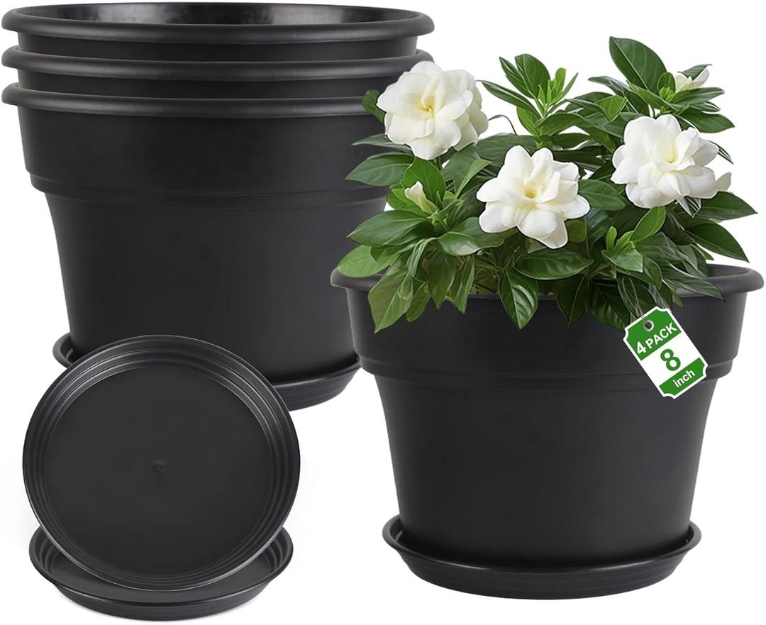 Myfeegoin 8-inch-Plant-Pots-Indoor-Outdoor, 4 Pack Plastic Planters with Drainage Holes & Saucers, Resin Flower Pots with Trays, Classic Garden Pot Container for House (Black)
