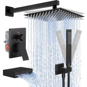 KES Shower System with Tub Spout, Matte Black Shower Faucet Set Complete 10 Inch Rain Shower Head with Handheld Spray and Waterfall Bathtub, cUPC Pressure Balance Shower Valve Trim Kit, XB6305F18-BK