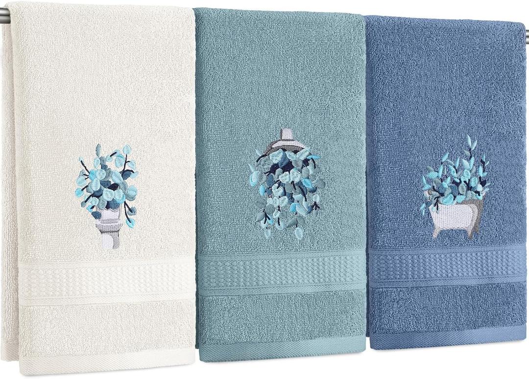 3 Pcs Blue Eucalyptus Leaves Hand Towels Botanical Bathroom Decor Embroidered Floral Leaves Farmhouse Blue Decorative Towels for Bathroom Kitchen, 100% Cotton, 13.3 x 29.5''