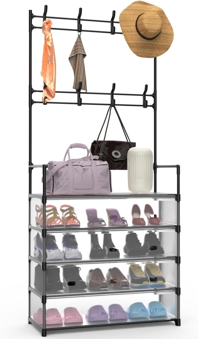 iMounTEK Coat Rack Entryway Hall Tree 5-Tier Dustproof Entryway Hall Tree Shoe Rack With 8 Removable Hooks Freestanding Shoe Storage Shelf Hat Clothes Organizer For Front Door Bedroom Entryway(Black)