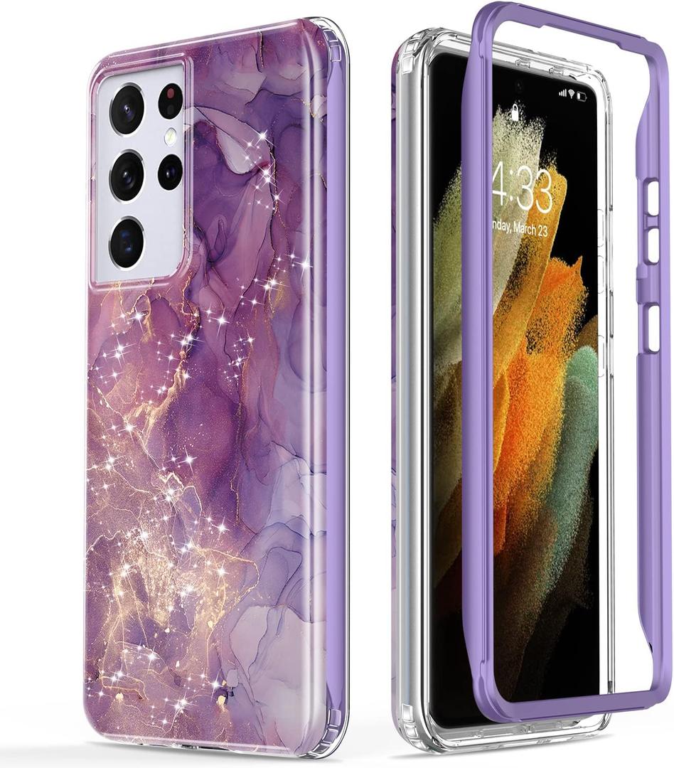 Esdot for Samsung Galaxy S21 Ultra Case,Military Grade Passing 21ft Drop Test,Rugged Cover with Fashion Designs for Women Girls,Protective Phone Case for Galaxy S21 Ultra 6.8" Glitter Purple Marble