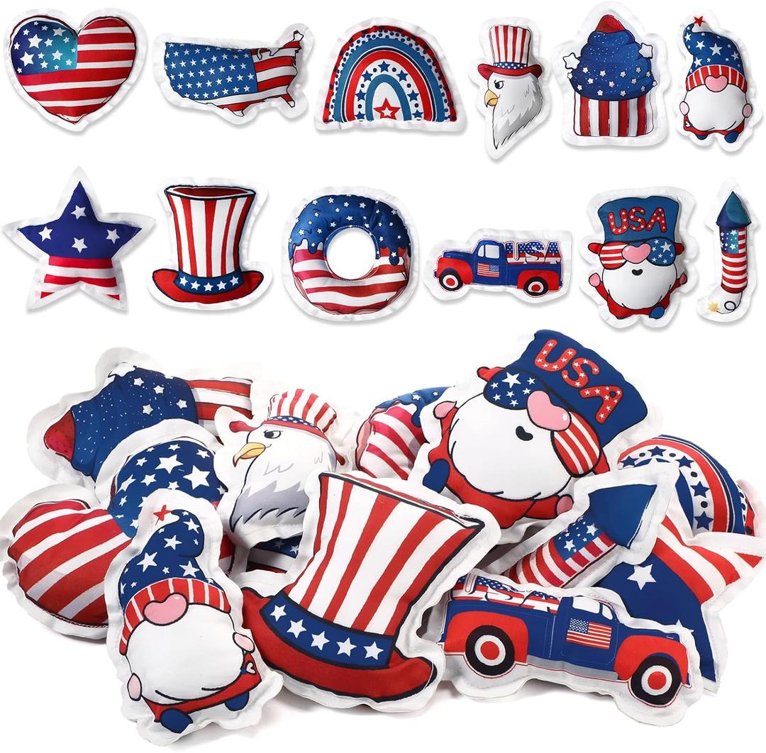 Oudain 24 Pcs Large 5 Inch Patriotic Star Tree Ornaments Stuffed Fabric Star 4th of July Memorial Day American Flag Decor Vase Filler Ornaments for Independence Day, Red White and Blue (Bright)