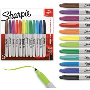 Sharpie Permanent Markers, Fine Tip, Assorted Colors, 12 Count - Quick Drying, Fade Resistant, Arts & Crafts, Desk, Office Supplies
