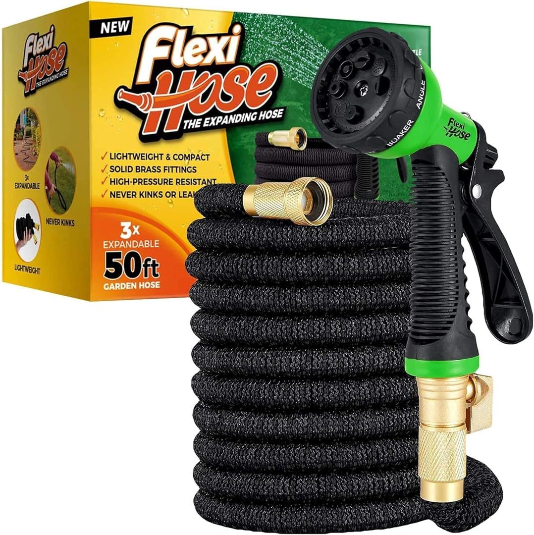 Extendable Garden Hose Pipe - 8 Function Spray Gun - Extra Strength & Solid Brass Fittings - The Ultimate No-Kink Flexible Water Hose (Black, 15 Metres) Perfect for Fathers Day