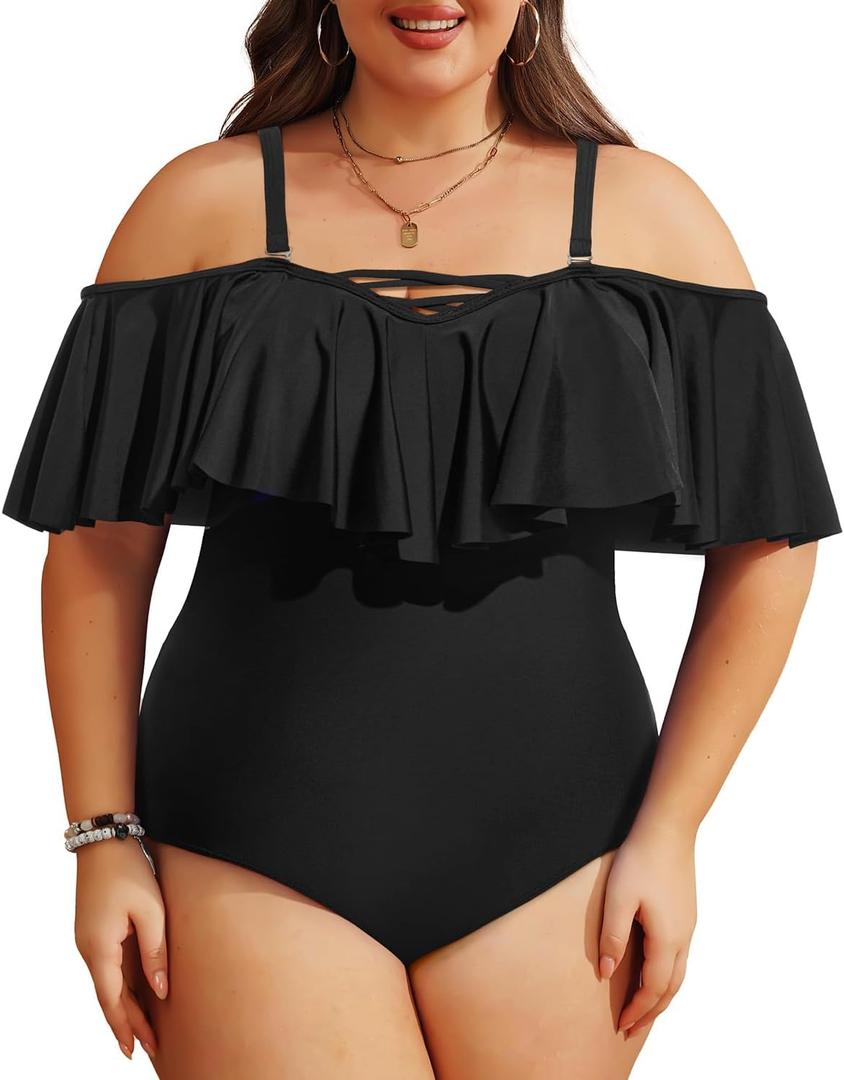 Daci Women Plus Size One Piece Swimsuits Tummy Control Ruffle Off Shoulder Bathing Suits (M, Black2)