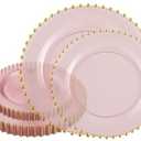PLASTICPRO 32 Piece Combo Plastic Dinner Plates Disposable Plastic Fancy Heavy Duty Party Dishes 7 inch and 10 inch, Translucent Pink and Gold Beaded