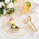bUCLA 600PCS Clear Plates with Gold Trim - Clear Gold Dinnerware Set Disposable Include 100 Dinner/100 Dessert Plates, 100 Knives, 100 Forks, 100 Spoons, 100 Cups for Wedding, Party