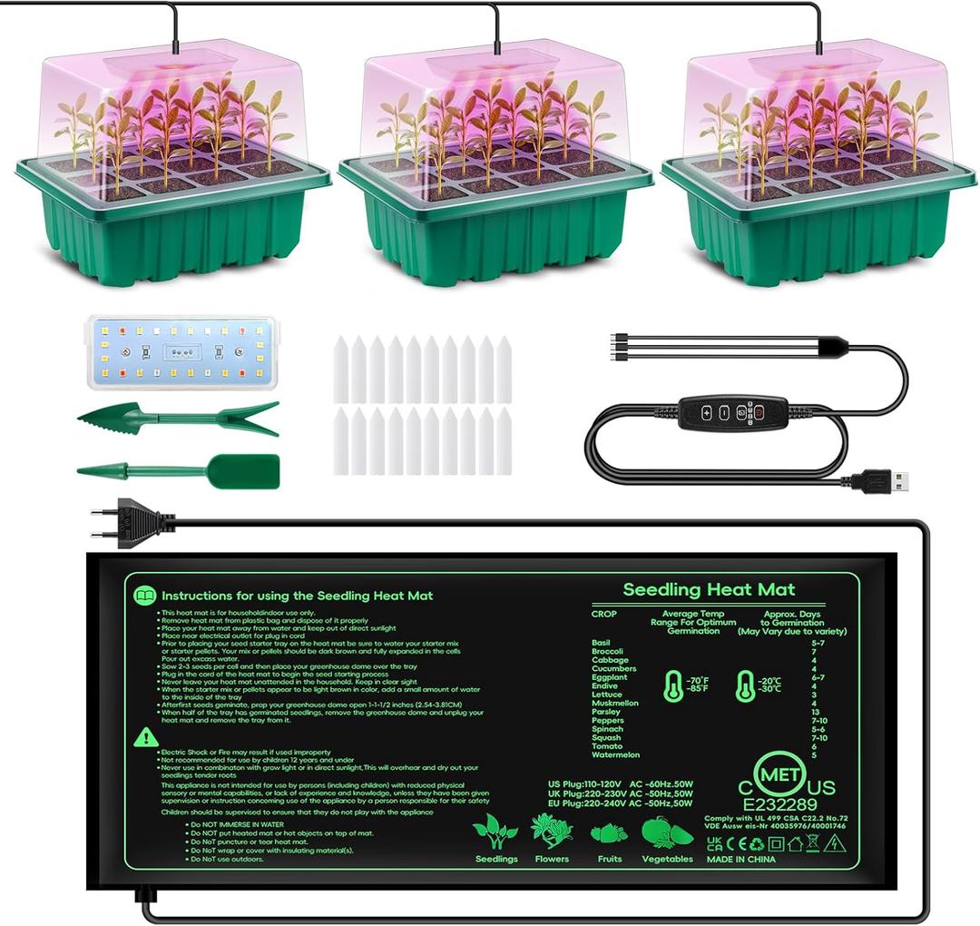 Verdenu 3PK Seed Starter Kit with Grow Light and Heat Mat, 36-Cells Indoor Large Seed Starter Tray with Humidity Dome, Adjustable LED Lighting for Seed Germination, Propagation of Vegetables