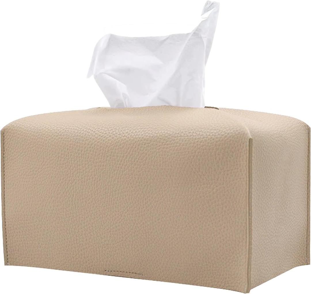1PC Extra Large Rectangle Tissue Box Cover, PU Leather Rectangular Tissue Box Holder with Bottom Belt Plus Size Tissue Box Organizer for Bathroom/Car/Hotel/Office (9.5x5x5, Beige)