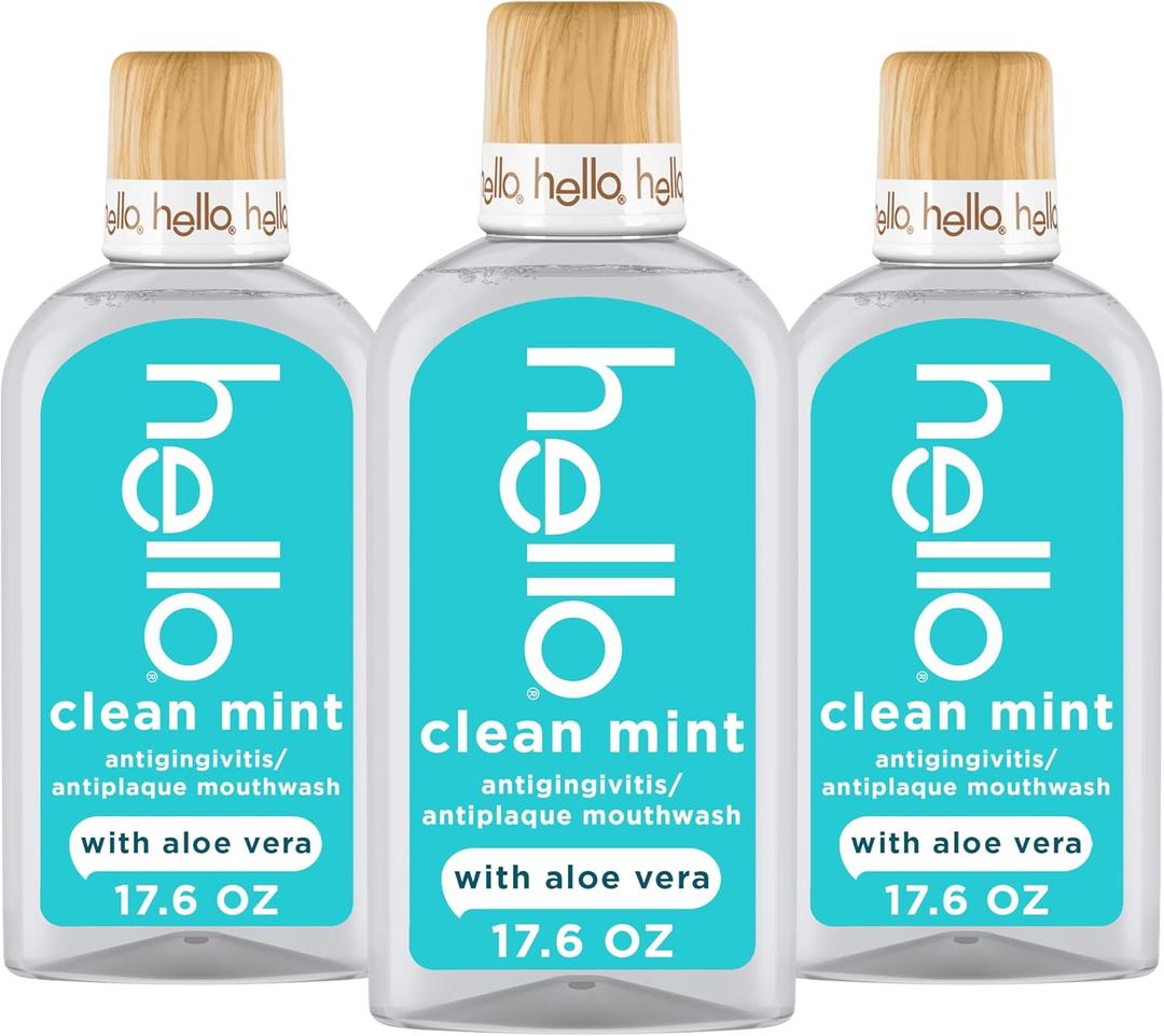 Hello Clean Mint Alcohol Free Mouthwash with Aloe Vera, 17.6 Fl Oz, Antigingivitis Gum Mouthwash with Farm Grown Mint, Fluoride Free, No Alcohol for Zero Burning, Vegan, Minty Oral Rinse, 3 Pack