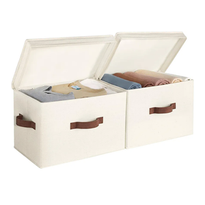 StorageWorks Fabric Storage Bins with Lid, Decorative Storage Boxes for Shelves, Stackable Closet Organizer Basket with Handles, Large, Ivory White, 2-Pack