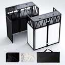 DJ Facade Booth Portable DJ Booth Table, Folding 2-Tier Workstation Table with Cable Management Holes, Adjustable Leveling Feet, Black & White Scrim Panels for Wedding Party Events(Upgrade), Upgrade 40*20 Double layer