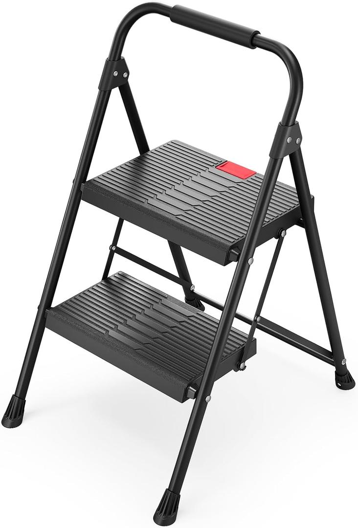 TOOLF 2 Step Ladder, Folding Step Stool with Anti-Slip Wide Pedals & Handrail, Safe-Lock Design, Portable Sturdy Steel Ladder Stool for Home & Black