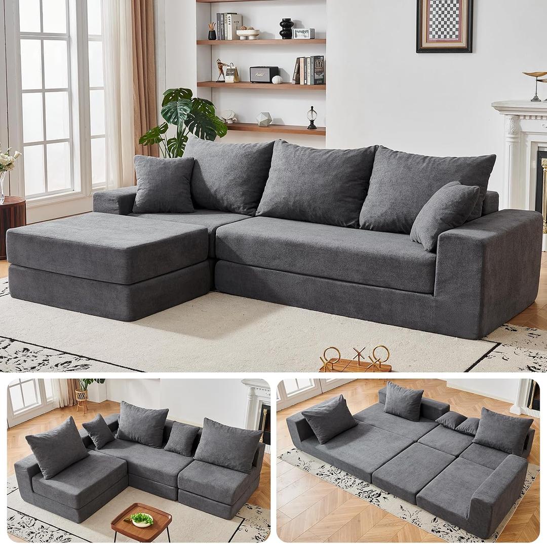 108'' Modular Sectional Couch, Modern 3-Seater Boneless Cloud Sleeper Sofa, L-Shaped Convertible Sectional with Non-Slip Bottom, No Assembly Required, Deep Seats Couch for Living Room, Grey