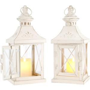 TRIROCKS Set of 2 Decorative Candle Lantern 11'' High Metal Candle Holder Hanging Lantern Perfect for Home Decor Halloween Living Room Parties Events Tabletop Indoors Outdoors (White with Gold Brush)