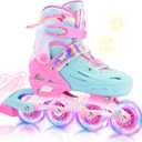 2PM SPORTS Inline Skates for Kids Boys Girls with Light Up Wheels, Adjustable Children's Roller Skates Blades for Beginner Youth Indoor Outdoor (Pink Green), Size: Large - Youth