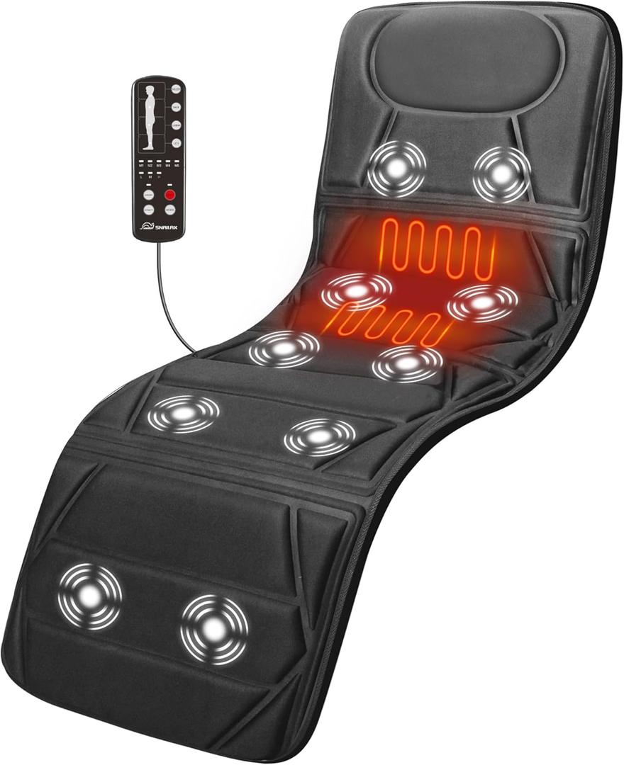 Snailax Massage Mat with Heat, Back Massage Pad for Bed, Chair, 10 Motors Vibrating Massage Mattress Pad with 2 Heating Pads for Back, Full Body Massager (Black)