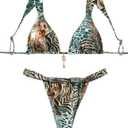 QJQ Women's 2 Piece Cheeky Bikini Sets Leopard Print Tie Back Bathing Suit Sexy Triangle Swimsuit (XS)