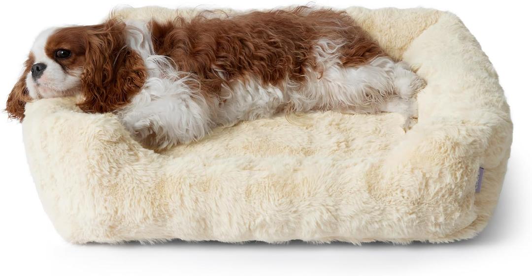 Lesure Fluffy Dog Beds for Medium Dogs - Rectangle Orthopedic Calming Pet Sofa,Plush Bubble Bolster Pet Bed with Removable Washable Cover and Nonskid Bottom,30x24x8inches,Beige