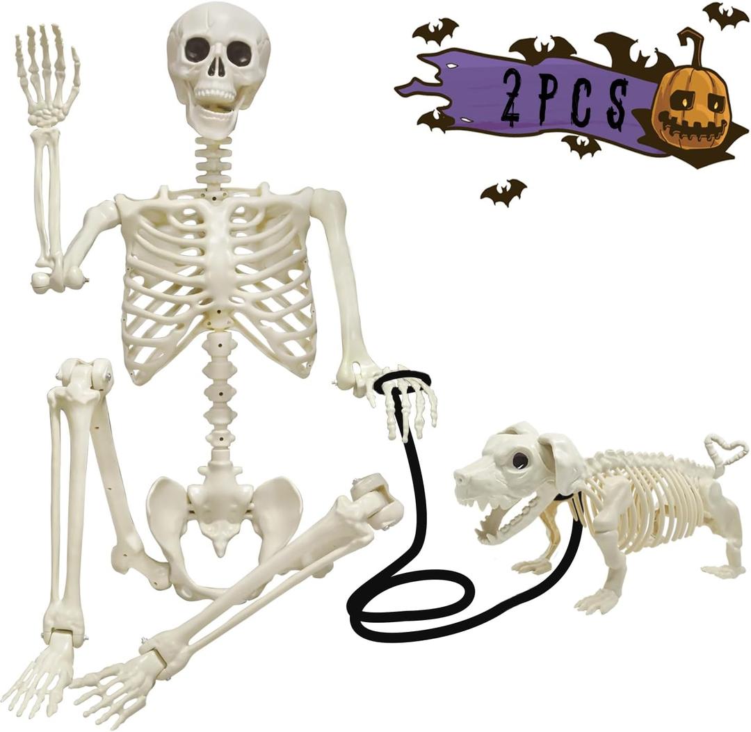 Lukbera Life Size Posable Skeleton Decoration, Full Size Plastic Human Bones with Dog Skeleton, 5.4ft Movable Joints for Haunted House Graveyard Decor