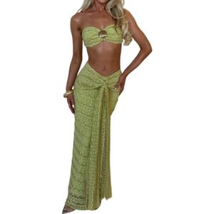 Womens Two Piece Sets Sexy Boho Tube Top and Long Wrap Maxi Skirts Set Summer Beach Vacation Outfits (Small, Green)