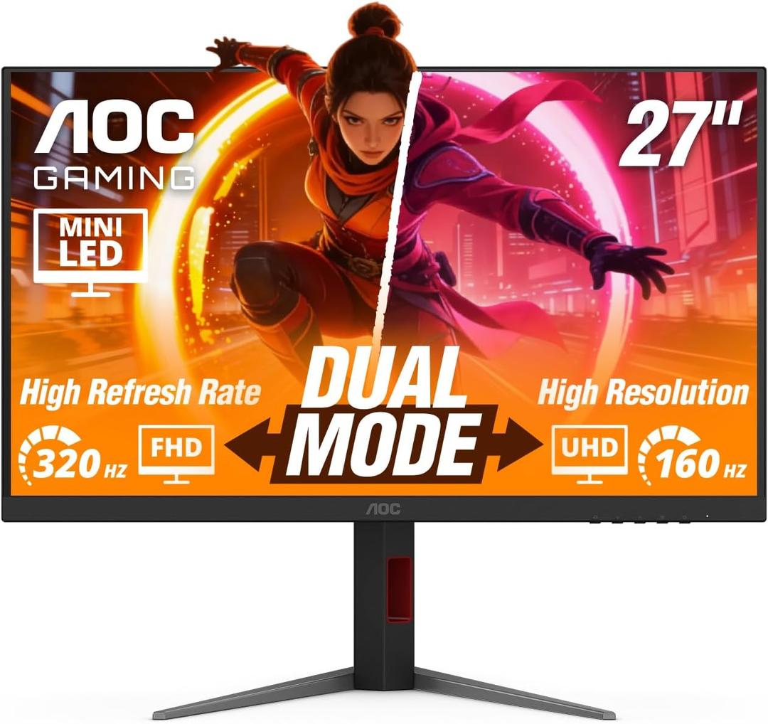 AOC 27 Inch Mini-LED Gaming Monitor, 4K UHD 3840x2160 Computer Monitor, Dual Mode 160Hz 4K / 320Hz FHD, 1ms GtG, IPS, HDR1000, HDMI, DisplayPort, G-Sync Compatible, 3-Year Zero-Bright-Dot, U27G4XM
