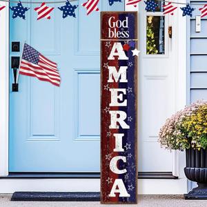 Patriotic Porch Sign 47" H 4th of July Door Decorations for Front Porch Wooden Red White Blue Vertical God Bless America Sign Outdoor Memorial Day Decorations for 250th Anniversary Outdoor
