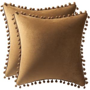 Throw Pillow Cases 16x16 Golden Brown: 2 Pack Cozy Soft Pom-poms Velvet Square Decorative Pillow Covers for Farmhouse Home Decor