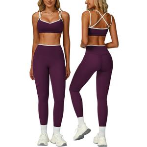 QBGJTD Womens Workout Set Two Piece Spaghetti Straps Color Block Sports Bra Matching High Waist Leggings Gym Work Out Outfits (Medium, Purple)