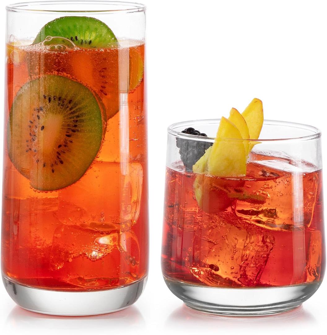 Libbey Ascent Tumbler and Rocks Drinking Glasses Set of 16, Glass Drinking Glasses with Curvature, Versatile Glassware Set for Parties and More, 16 Ounces
