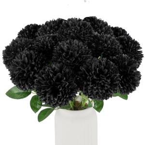 Hananona 12 Pcs Artificial Chrysanthemums Flowers Ball Flower, Fake Mums Flowers Black Silk Plants for Ghothic Home Decor Indoor Floral Arrangement Halloween Table Centerpiece (12, Black)