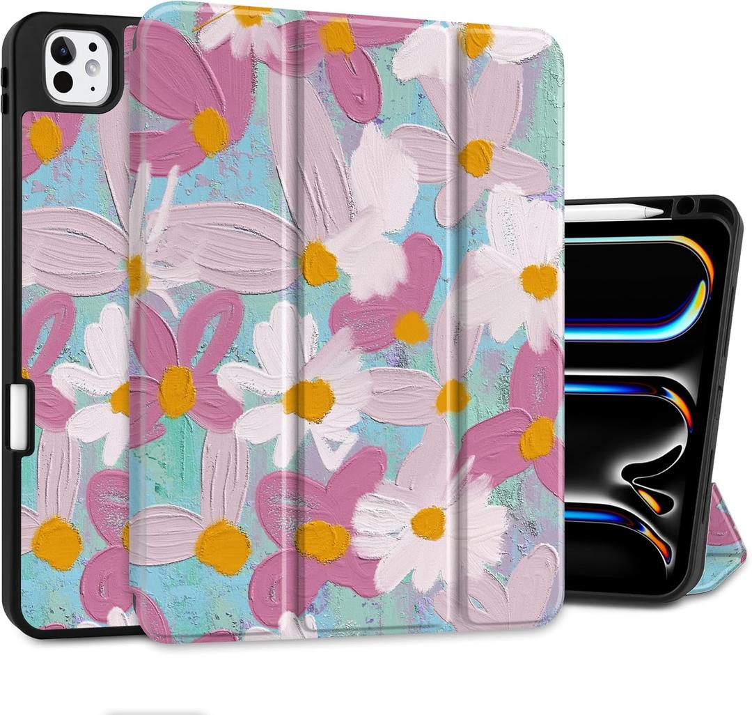 MEEgoodo Case for M5 iPad Pro 11 inch 2025/M4 iPad Pro 11 inch Case 2024, Tablet Cover with Trifold Stand & Pencil Holder & Auto Wake/Sleep & Soft TPU Back Cover, Art Plants Floral