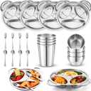 Jinei 20 Pieces Kids Stainless Steel Utensils Set Include 4 Panda Shaped Plates, 4 Bowls, 4 Cups, 4 Spoons, and 4 Forks, Stainless Steel Dinnerware Set for Toddler Utensils silverware