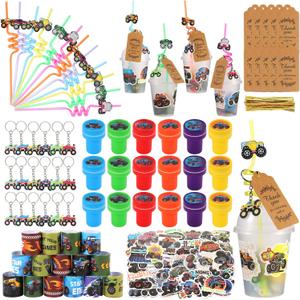 Kolewo4ever 244 Pieces Monster Truck Party Gifts Set Monster Truck Party Supplies Jam Birthday Decorations with Cup Straw Keychain Sticker Thank You Tags