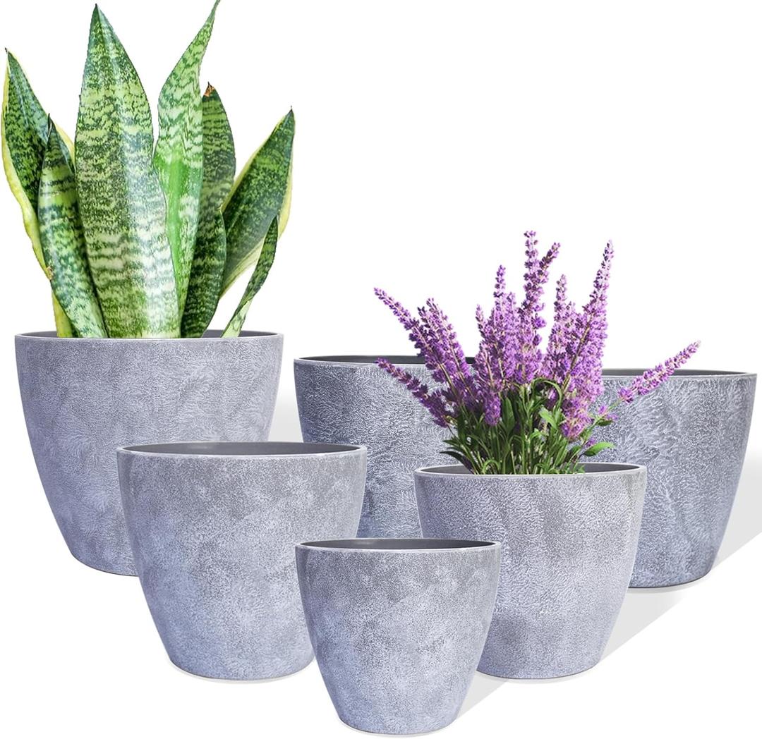 Plant Pots Indoor 7.5/6.5/6/5/4/3.5 Inch Set of 6 Plastic Planters for Indoor Plants with Drainage Hole and Drain Plug, Plastic Flower Pots, Nursery Planting Pot for Outdoor Plants (Gray)