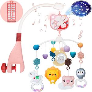 Baby Mobiles for Cribs, Crib Mobile with Music and Lights, Nursery Musical Mobile for Bassinets Hanging Toys with Remote Control, Rotation, Projection, Animal Mobile Arm Clip On for Infant Boys Girls (Pink)