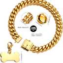 Jewelry Kingdom 1 Gold Dog Chain Collar with Dog ID Tag 18K Metal Stainles Steel Cuban Link Chain Strong Heavy Duty Chew Proof Walking Training Chain Collar (15MM, 14")
