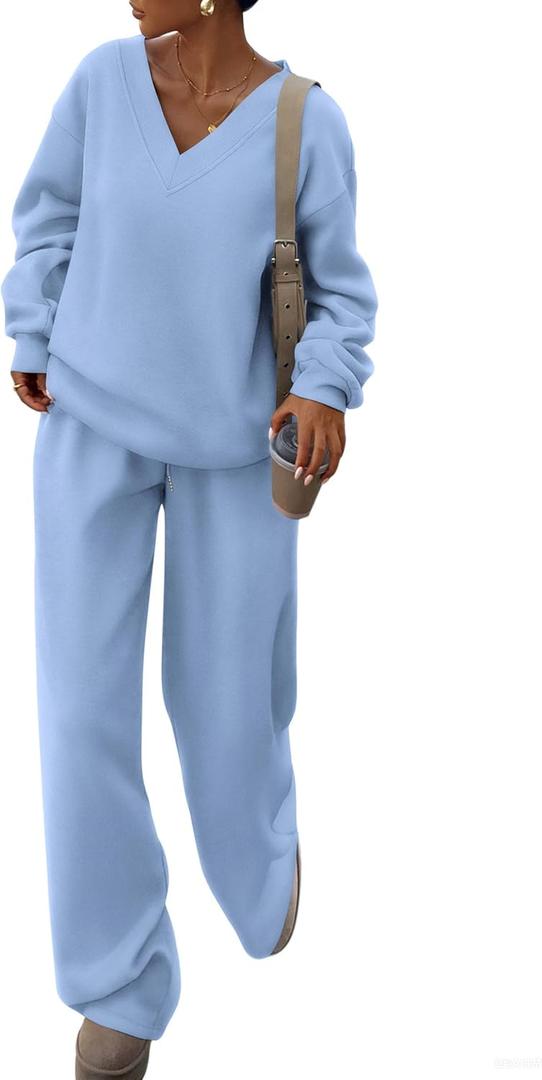 PRETTYGARDEN Casual Winter Two Piece Sets for Women 2026 V Neck Sweatshirt Loose Wide Leg Pants Tracksuit Knit Fall Outfits (Blue, M)
