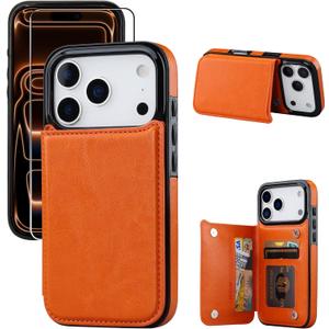 for iPhone 17 Pro Max Wallet Case with Screen Protector, Slim PU Leather Protective Case with Card Holder[RFID Blocking] Kickstand Cover 6.9"-Orange