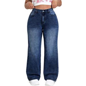 SOLY HUX Women's Plus Size High Waisted Denim Pants Straight Leg Casual Jeans (Plain Dark Blue) 4XL