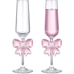 2 Pcs Cute Pink Bow Glass Cups 8oz Coquette Champagne Fashioned Glasses Clear Reinforced Stems and Romantic Pink Bow for Weddings Engagements Party Gifts(Flat Bottom)(Cute Feet)
