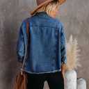 Women's Jean Denim Jacket Classic Trucker Shacket Button Up Frayed Cropped Loose Coats, Small