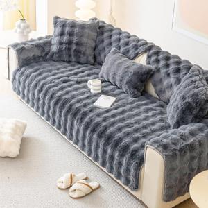 Faux Fur Sofa Cover, Rabbit Plush Couch Cover, Non-Slip Couch Covers Washable, Cosy Plush Sofa Slipcover, Furniture Protector for L Shaped(1pc/ Dark Grey /36"x70")
