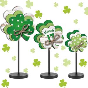 3 Pcs Large St Patrick's Day Shamrock Wooden Block Set Wood Clover Standing Table Sign Irish Decor Clover Table Centerpieces Irish Shamrocks Ornaments for Home Farmhouse Office Kitchen(Classic)