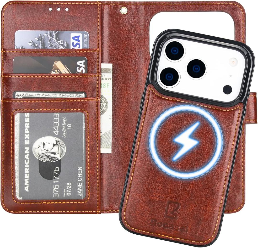 Bocasal for iPhone 17 Pro Wallet Case Compatible with MagSafe Wireless Charging, RFID Blocking Magnetic Leather Case with Card Slots Holder Kickstand Detachable Wrist Strap 6.3 Inch (Brown)