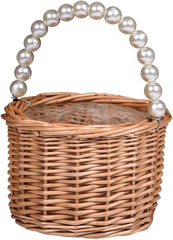 Wicker Rattan Flower Girl Basket,Pearl Handle Flower Basket,Flower Girl Basket for Wedding and Home Decorations. (4)