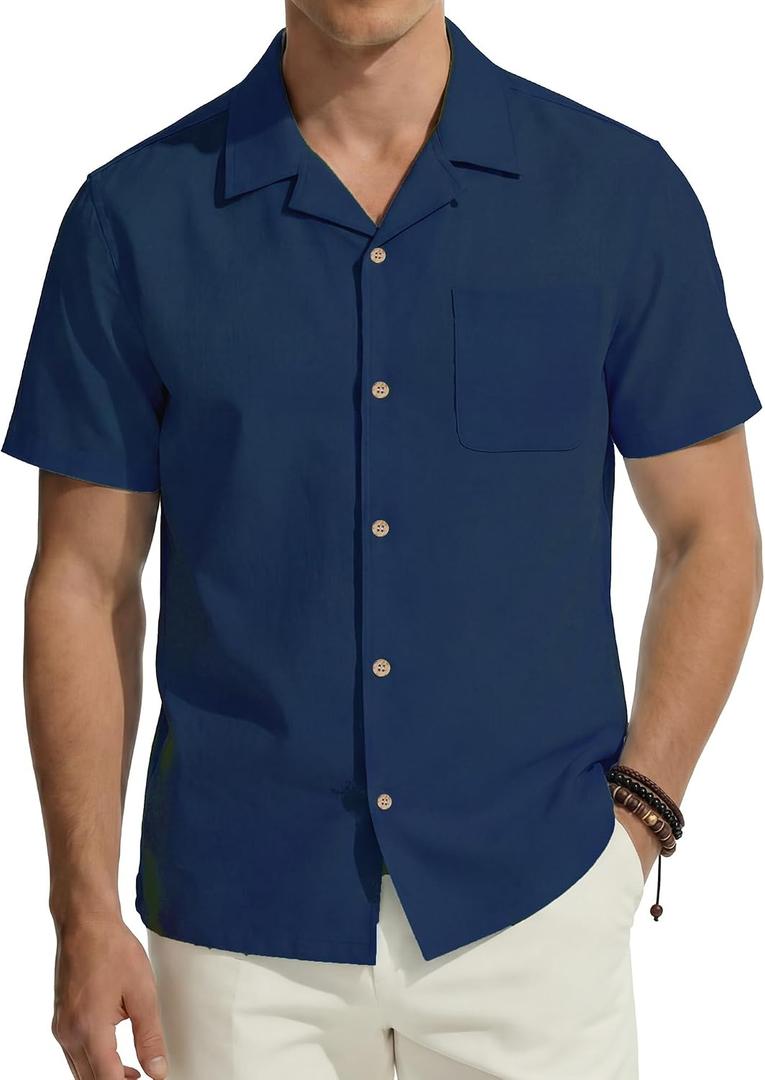 PJ PAUL JONES Mens Linen Shirt Cotton Hawaiian Shirts Short Sleeve Button Down Casual Cuban Summer Beach Shirts with Pocket (Blue, M)