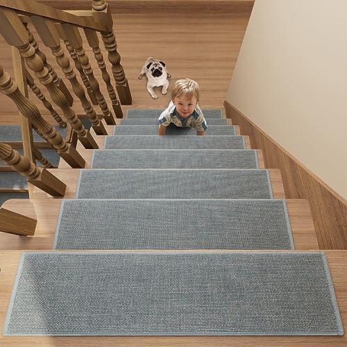 Stair Treads Carpet 7 pcs for Wooden Steps with Non Slip Rubber Backing, 100% Polyester Soft Stairs Resistant Indoor Skid Runner Safety Rugs for Kids Elders and Pets 30" * 8" (Gray-Dense Knitting)